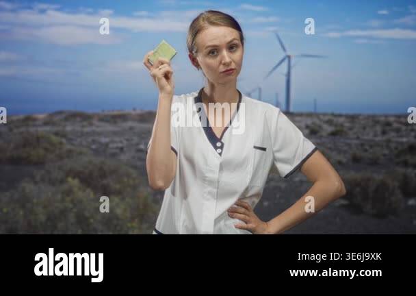 Woman in white uniform holds soap bar near cheek with hand on hip ...