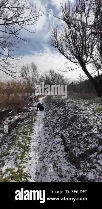Cinematic slow-motion POV walking along a narrow path by a winter river ...