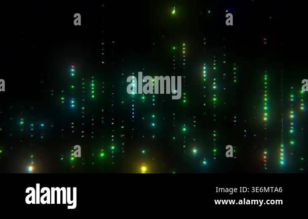 Abstract dark matrix lights with green blue dotted columns, luminous ...