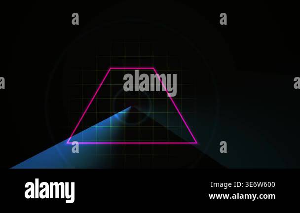 A dark, abstract scene featuring a glowing neon geometric shape with a ...
