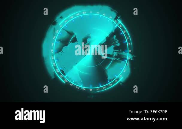 Futuristic teal radar scan animation world map tracking security ...
