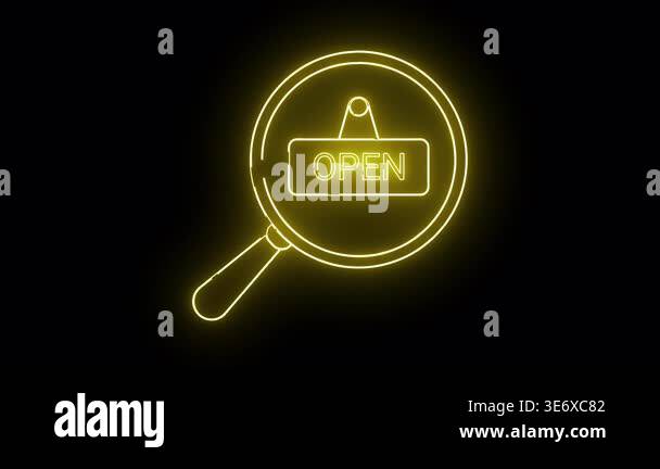 A neon open sign inside a magnifying glass, symbolizing business ...