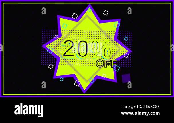 Discount label with twenty percent off in purple and green on a black ...
