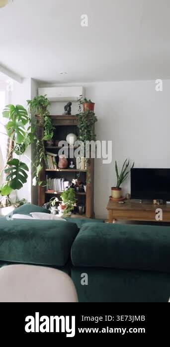 Contemporary living space with a dining table and a comfortable green ...