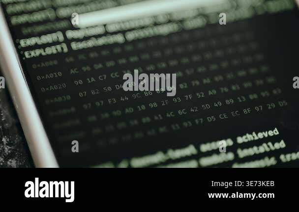 Terminal interface showing a sequence of hexadecimal data codes Stock ...