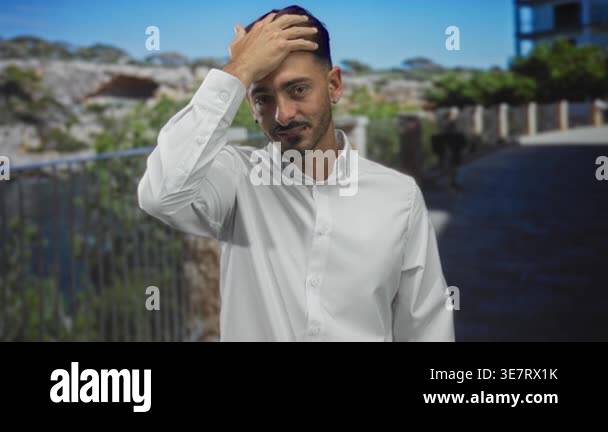 Man runs hand through hair and smooths white shirt against stone ...