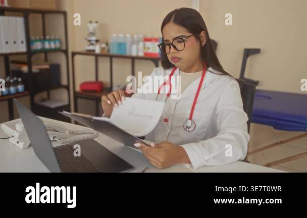 Young female doctor with stethoscope flipping patient records and ...