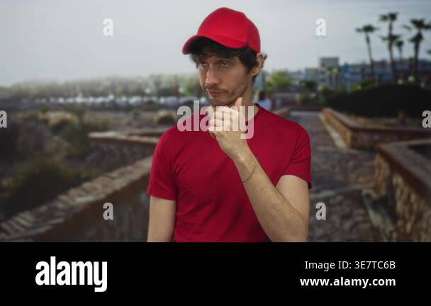 Young man in red cap and shirt rests hand on chin on sunlit street with ...