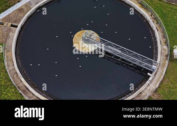 A large circular water treatment tank is seen from above. Many birds ...