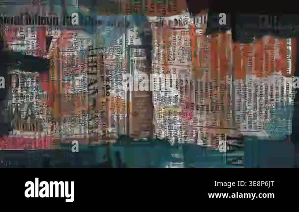 Abstract editorial newspaper collage with red paint bands, distressed ...