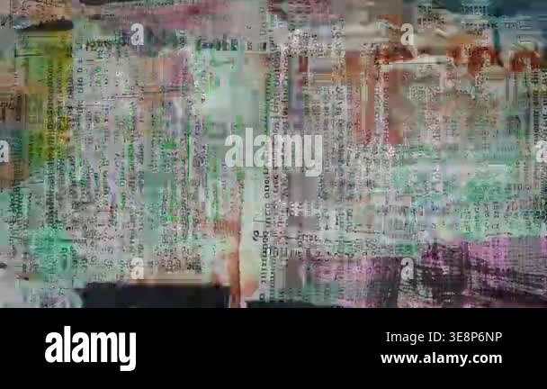 Abstract newspaper collage with pale print layers, green circular ...