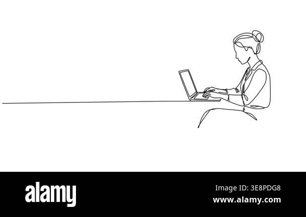 animated continuous line drawing of woman sitting at desk using laptop ...