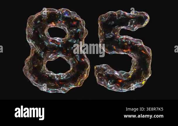 The number 85 displayed with a glossy, colorful texture on a dark ...