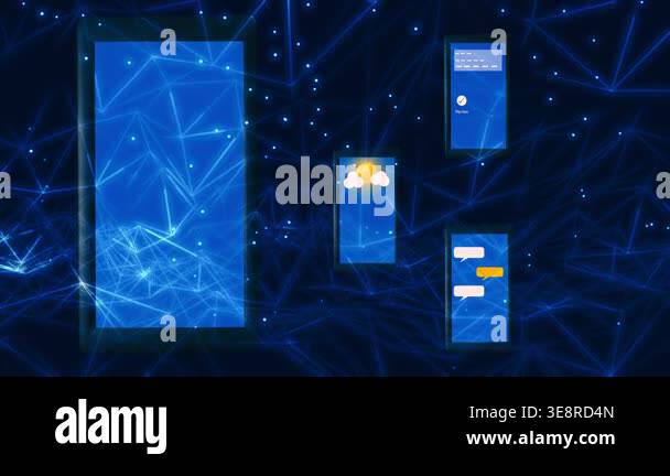 Mobile phones display apps on plexus background 4k animation Stock ...