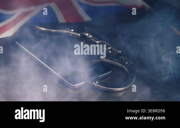 Mobile phone evidence and police handcuffs and British flag with smoke ...