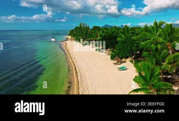Aerial view of beach with palm trees and perfect turquoise sea water ...