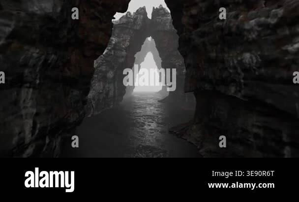 3d loop animation of Dark rocky sea caves forming natural arches over ...