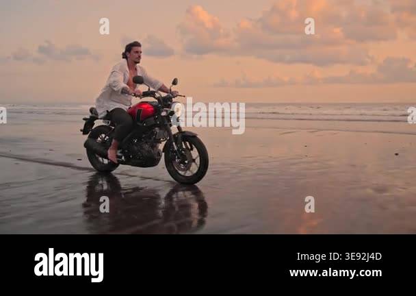 Motorbiker Riding Motorcycle or Traveling in Beautiful Nature of Beach ...