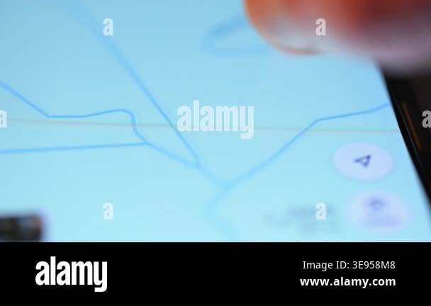 Mobile Scrolling Map Example Finger scrolling on smartphone map navigation screen. Close up of hand ...