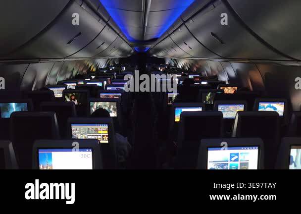 Dubai, UAE- December 9, 2025: Night view inside passenger aircraft ...