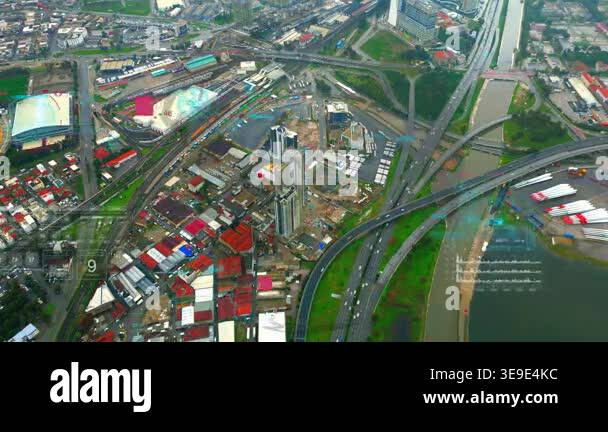 Aerial Drone View Coastal Highway Interchange With Waterfront Cityscape ...