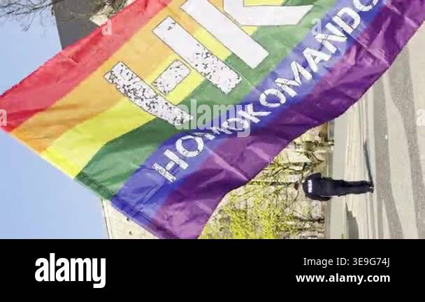 Rainbow Pride Flag Waving Over City Square During Equality March ...