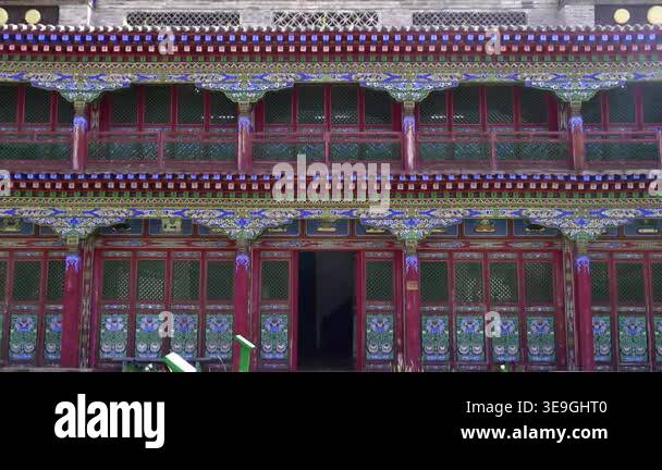 Traditional Bhutan Buddhist temple facade shows ornate wood carvings ...