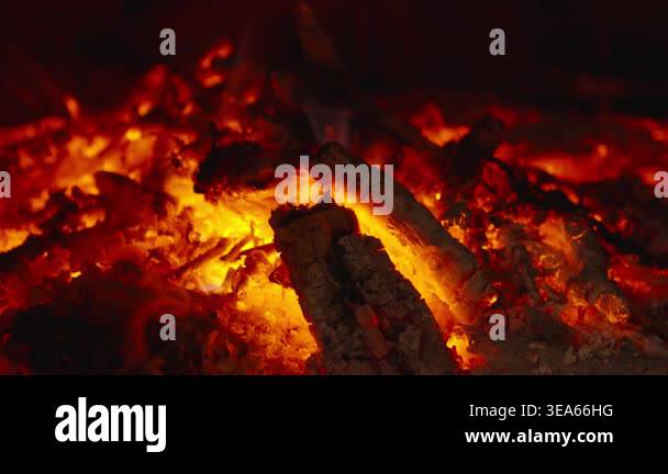 Wood burning in a cozy fireplace at home 4k footage. Slow motion Stock ...