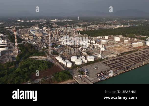 Expansive aerial view of a large oil refinery and petrochemical plant ...