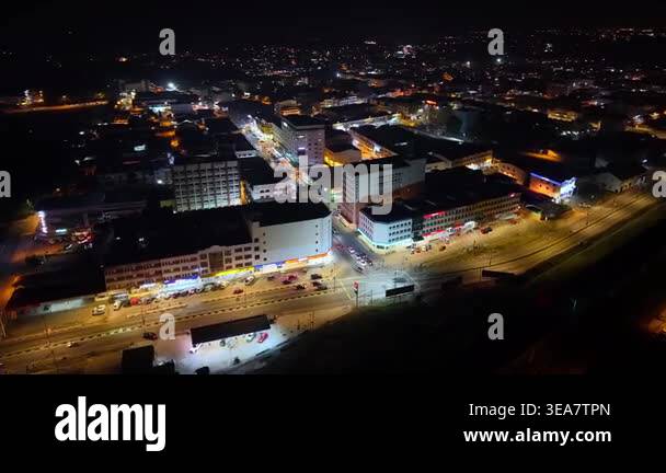 Segamat Riverside Night. View Segamat, Johor, Malaysia - Mar 24 2026: Aerial night view of Segamat ...