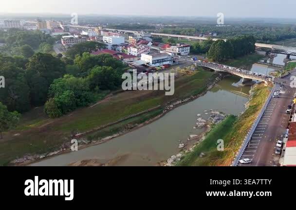 Segamat Riverside Night. View Segamat, Johor, Malaysia - Mar 25 2026: Aerial view shows a river ...