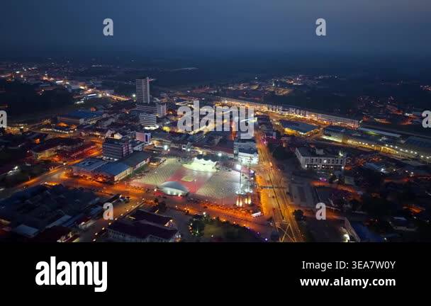Segamat Riverside Night. View Segamat, Johor, Malaysia - Mar 24 2026: Drone panorama over Segamat at ...