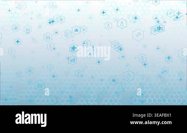 Animated hexagonal pattern icons of bulb, plus sign, chemical tools ...