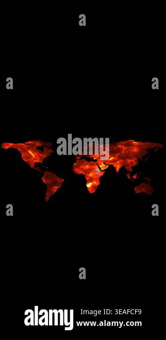 Video footage of world map glowing orange fiery texture on dark black ...