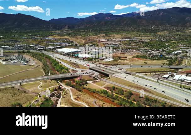 Aerial view of park highway and rail corridor Colorado Springs Stock