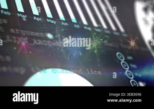Animation of interface with data processing over colorful light spots ...