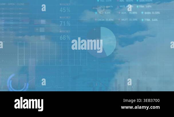 Animation of data processing over clouds. Global business and digital ...