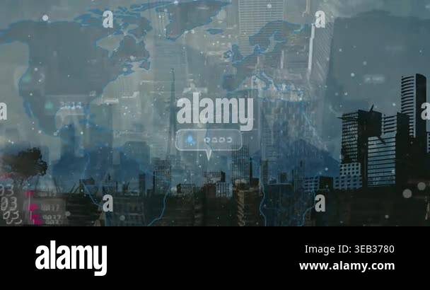 Animation of data processing over cityscape. Global business and ...