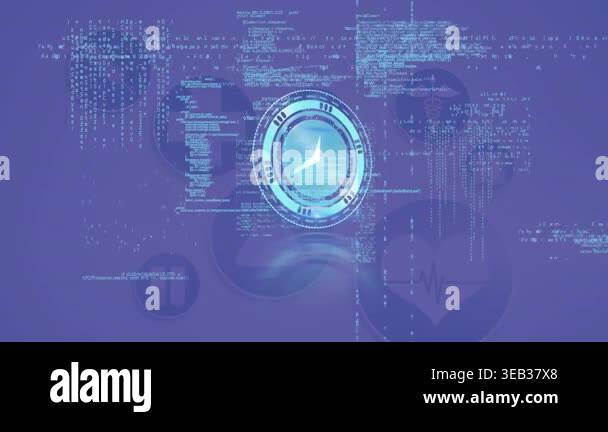 Animation of neon ticking clock and data processing over digital icons ...