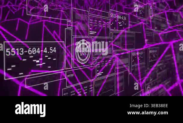 Camera panning revealing data panels while purple wireframe pulsing for ...