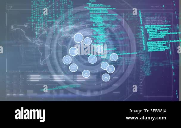 Animation of network of connections with icons and data processing over ...