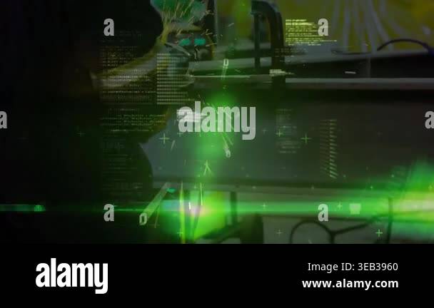 Animation of data processing over mechanic. Global business and digital ...