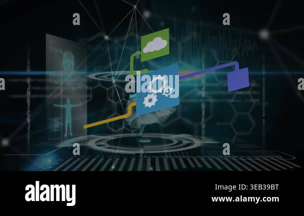 Animation of data processing and media icons on black background ...