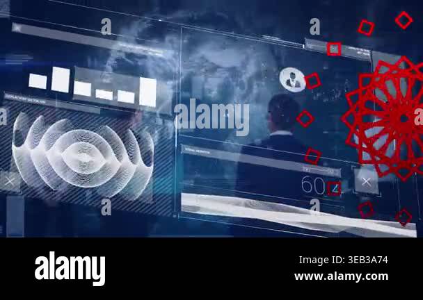 Animation of interface with data processing over rear view of ...