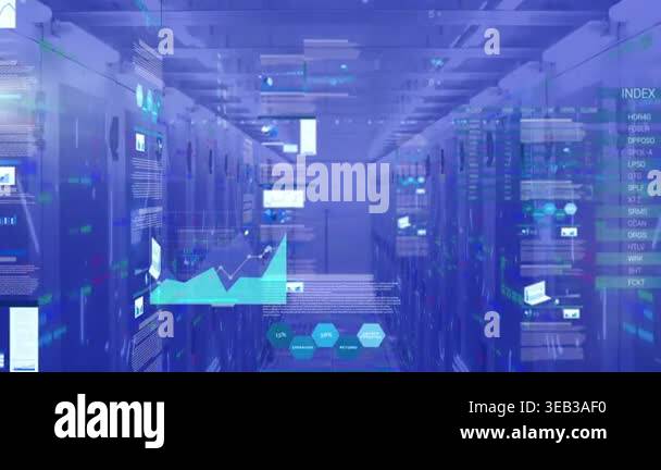 Animation of digital interface over server room. global connections ...