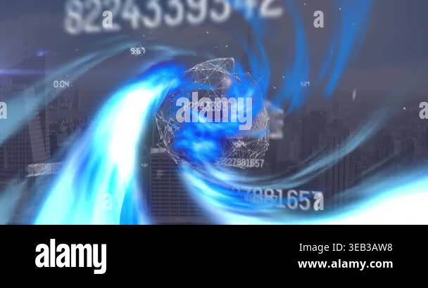 Animation of data processing over cityscape. Global business and ...
