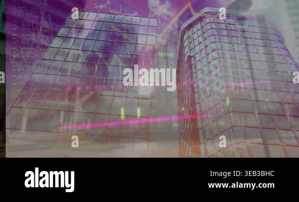 Animation of data processing over cityscape. Global business and ...