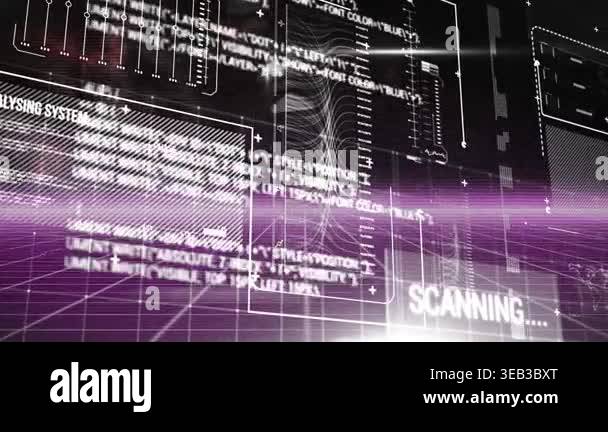 Animation of interface with data processing over purple grid network ...