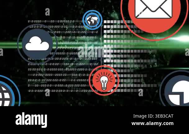 Animation of digital interface and falling icons over dark background ...