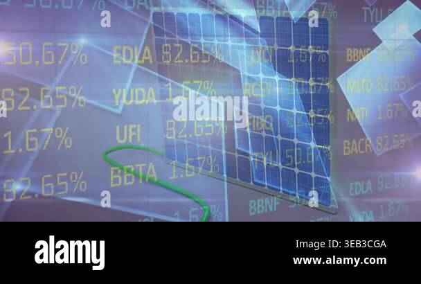 Animation of financial data processing over solar panel. electricity ...
